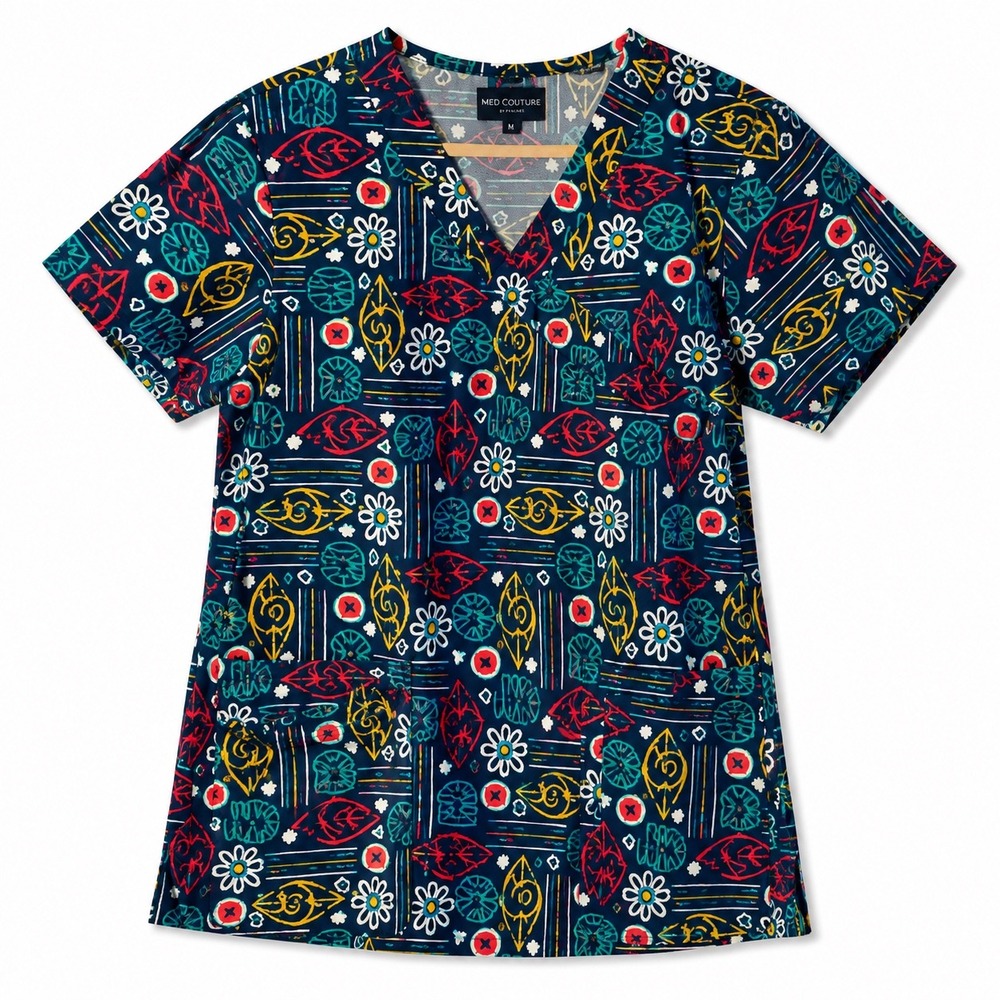 Zoe + Chloe Scrub Top Small Navy Blue Leaf feather Print V-Neck Cotton Z14202